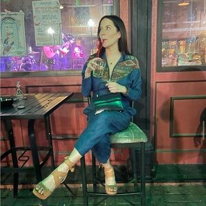 1980s VINTAGE JOAN WALTERS PETITES JUMPSUIT denim with tapestry detail SZ 2